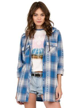 VOLCOM SALT FIX Plaid Hooded Flannel Button Front Lightweight Shacket S